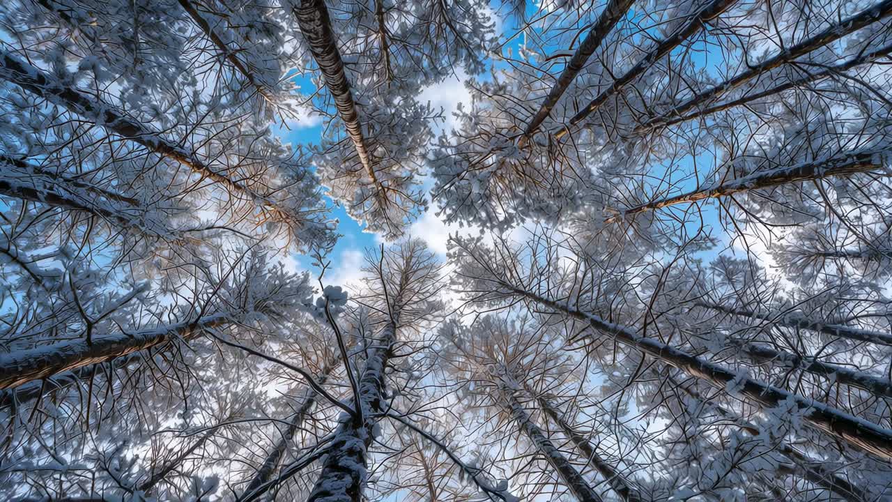 Framing frosted conifer trunks at forest floor, camera tilting, clouds drifting, revealing blue sky