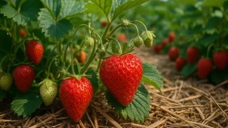 bright red strawberries dangle from lush green plants in a vibrant farm setting. farmers carefully pick the ripe fruit, ensuring the quality and freshness of each berry. the warm sun shines down, creating a picturesque atmosphere for harvesting. the field is dotted with various stages of strawberry