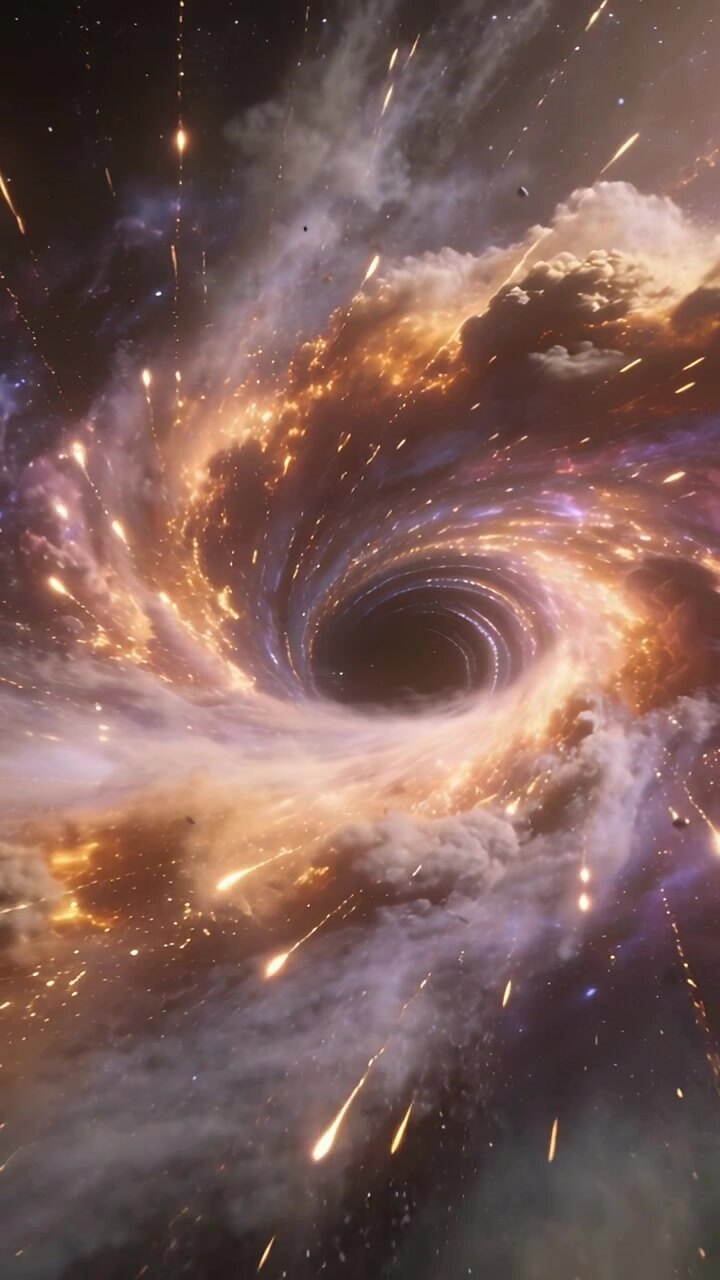 Vertical video: Drawing bright spiral vortex pulling debris into dark funnel by gravity in space