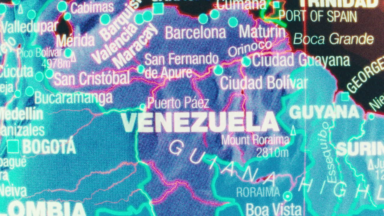 A digital map highlighting Venezuela and surrounding South American countries