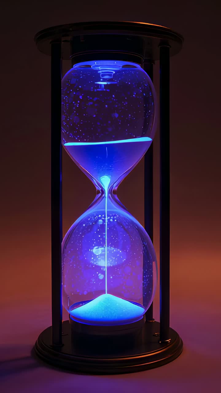 Vertical video: Flowing hourglass showing gravity pulling blue sand through neck, warm backdrop