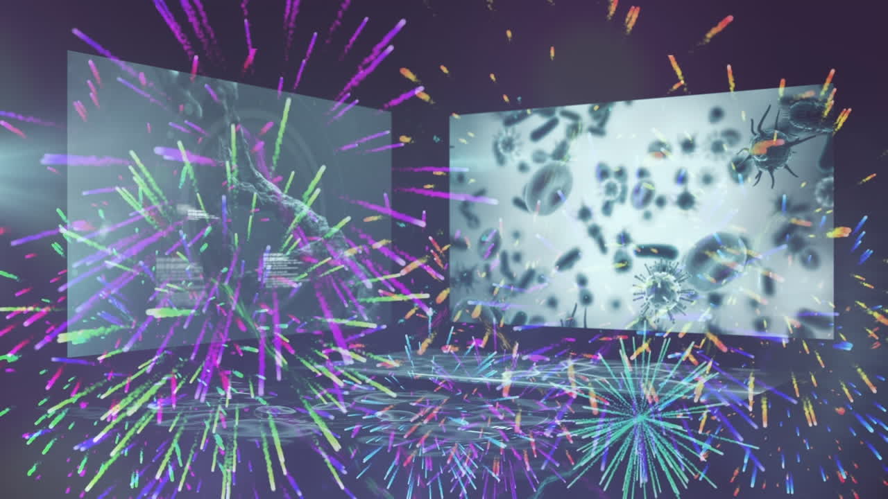 animación de fuegos artificiales sobre pantallas con procesamiento de datos y virus