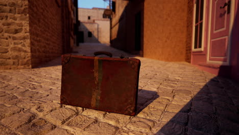 vintage suitcase on cobblestone alley