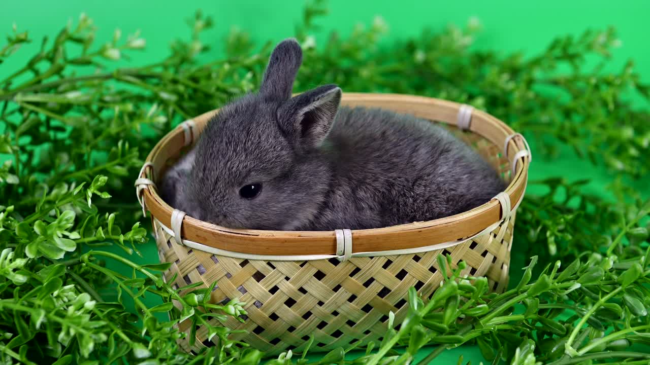 초록색 스크린 배경에 토끼. 영 동물과 부활절에 대한 똑똑한 애완동물