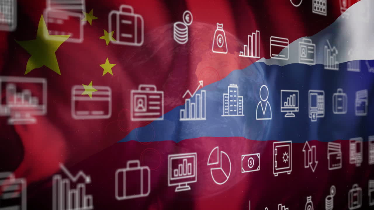 Animación de iconos empresariales y financieros sobre banderas de China y Rusia