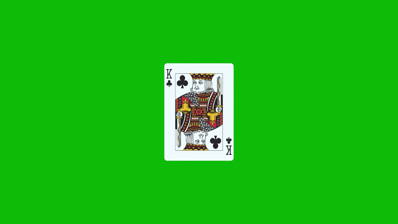 King of clubs poker card spins and reveals on green screen, 3D animation. You can adjust the timing of the clip to control the reveal effect