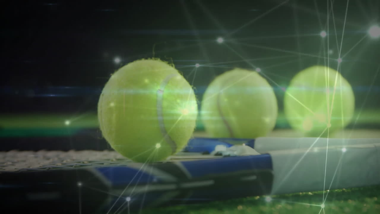 3D render animating tennis ball and rackets on turf, showing glowing light network links