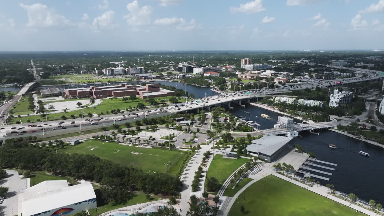 Traffic On The Road Bridge With Madame Fortune Taylor Bridge at Laurel Street In Tampa, Florida, USA. - aerial shot