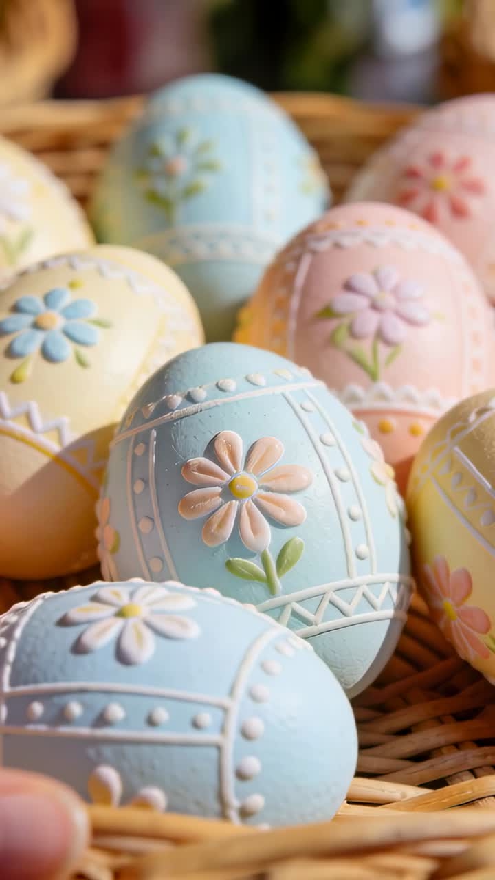 Vertical video: Entering fingertip nudging pastel eggs on table, rearranging woven basket display