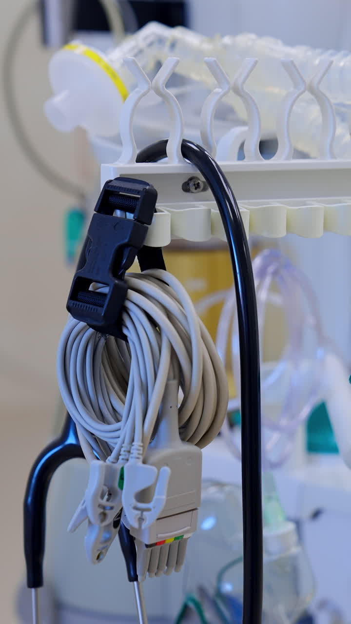 Components of modern surgical equipment in present day hospital. Tubes and wires of switched off ventilation apparatus close up. Vertical video