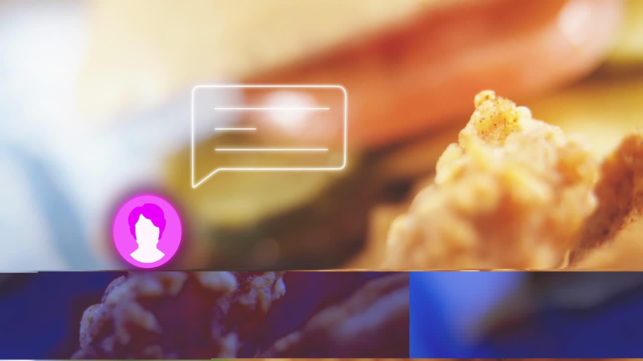 Chat bubble animation over close-up of food with profile icon