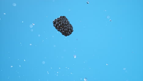 A-single-blackberry-flying-through-the-air-with-water-dropelts,-rotating