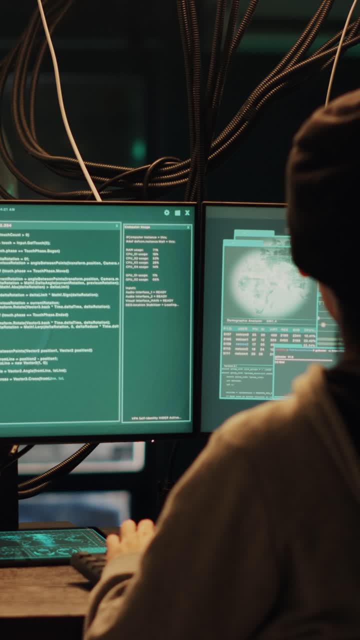 Vídeo vertical: hacker habilidoso explorando a vulnerabilidade do sistema e invadindo a criptografia do firewall