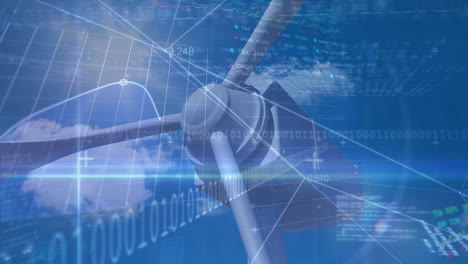 animation of financial data processing and binary coding over wind turbine