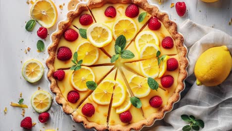 delicious lemon tart with fresh raspberries and mint