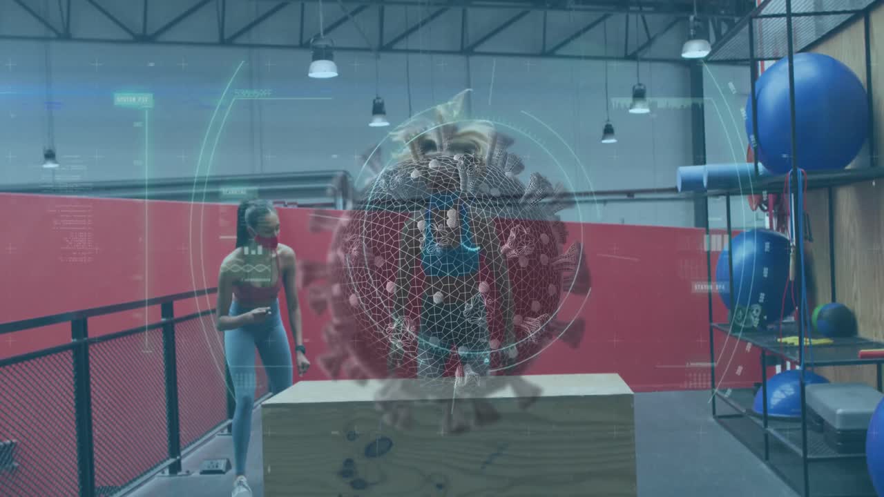 animación de la célula de covid-19 girando sobre diversos grupos que usan máscaras faciales trabajando