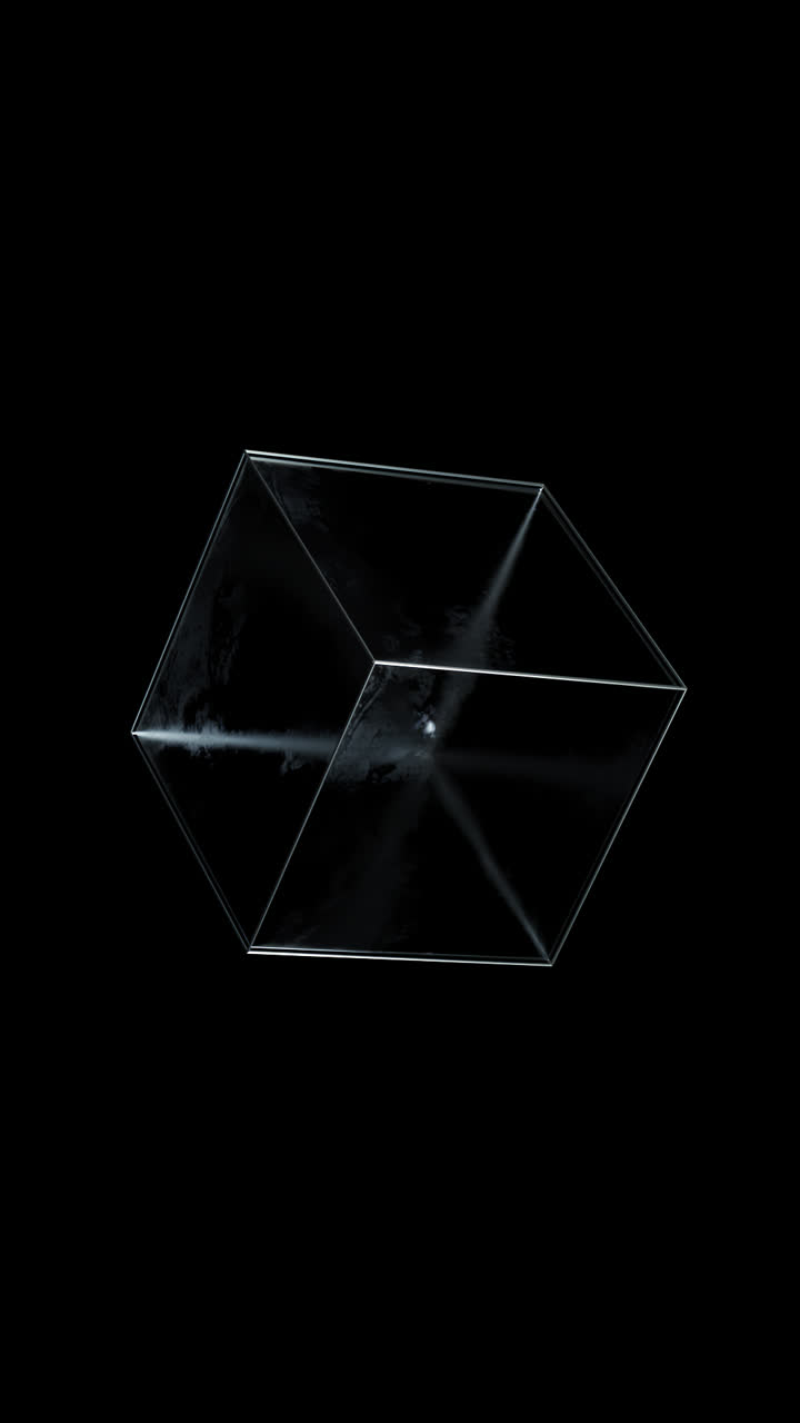 An elegant and transparent geometric cube rendered on a sophisticated black background with alpha