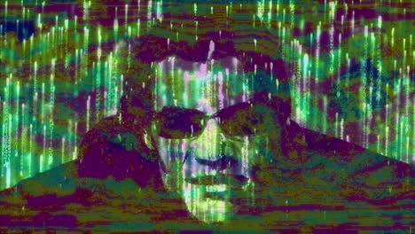 animation of screen with man in sunglasses smiling and stripes flickering