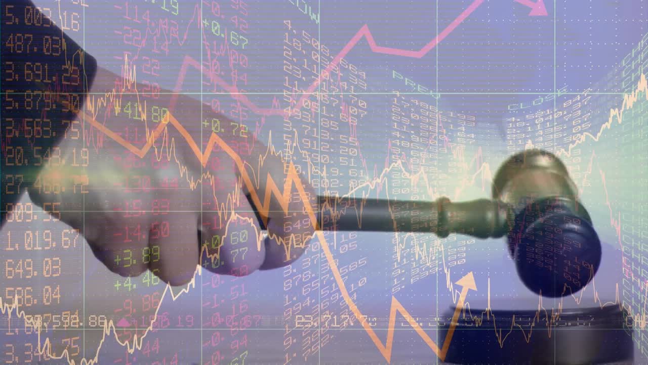 Animation of statistics and financial data processing over auctioneer's hammer