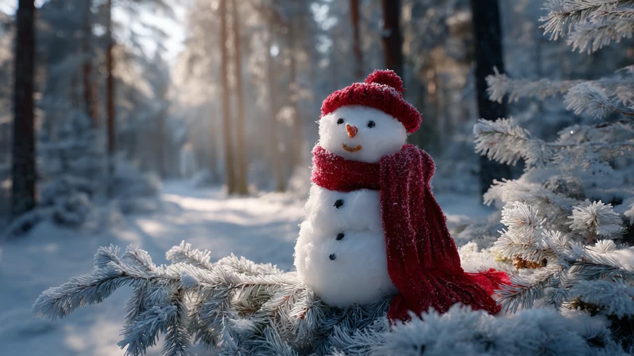 A charming snowman adorned with a red scarf and hat, nestled among frosted evergreen trees, captures the essence of winter in this serene snowy landscape