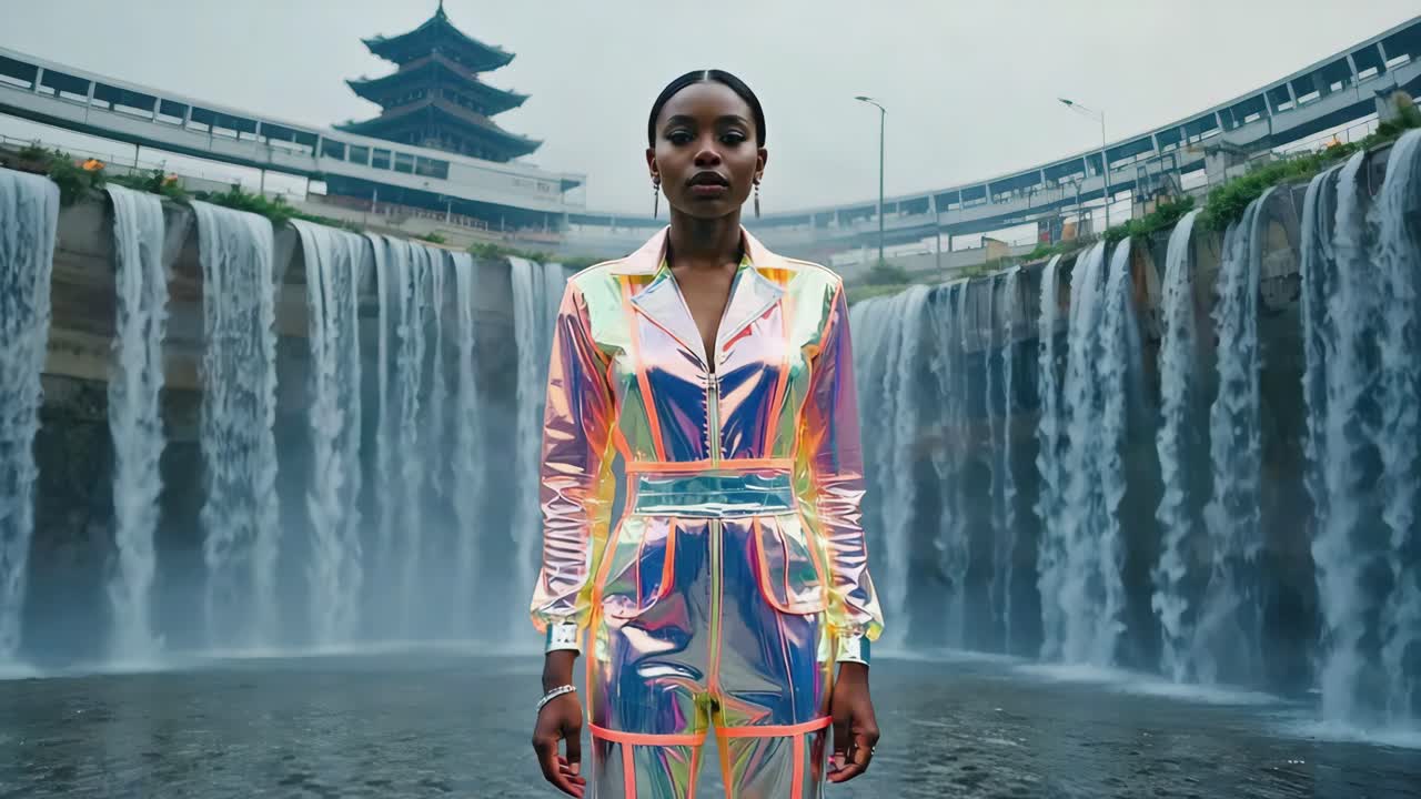Futuristic Fashion at a Waterfall Cityscape