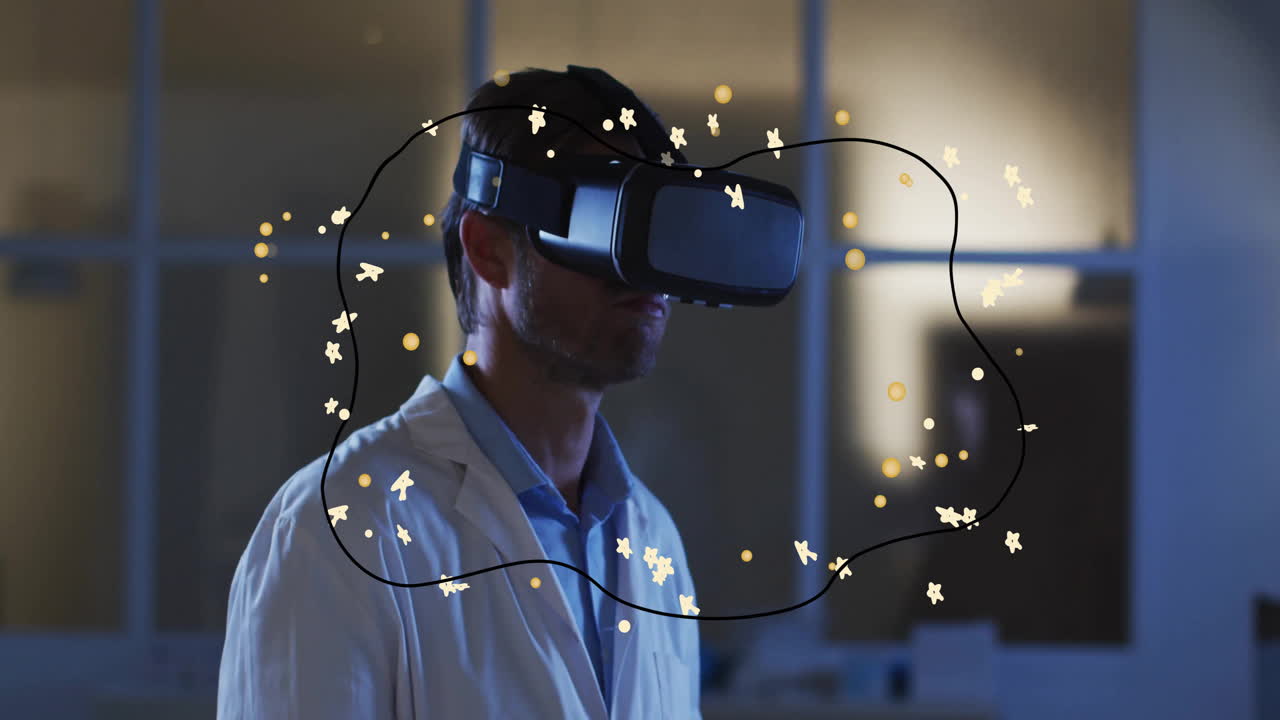 In laboratory, man wearing VR headset with animation particles surrounding him