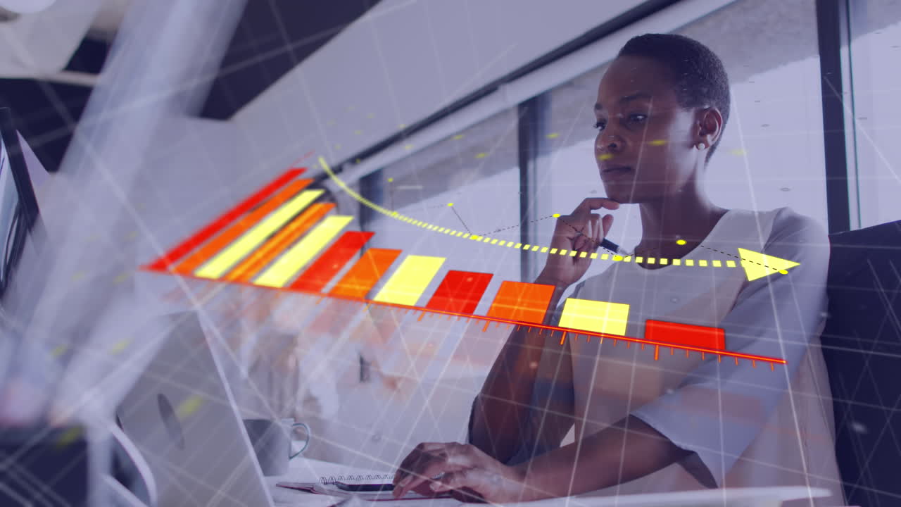 Animation of financial data processing over african american businesswoman in office