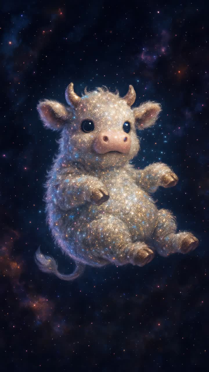 Una mucca-cucciolo stravagante e stellata fluttua nello spazio. Catturata da un'angolazione frontale, questa scena incantevole.