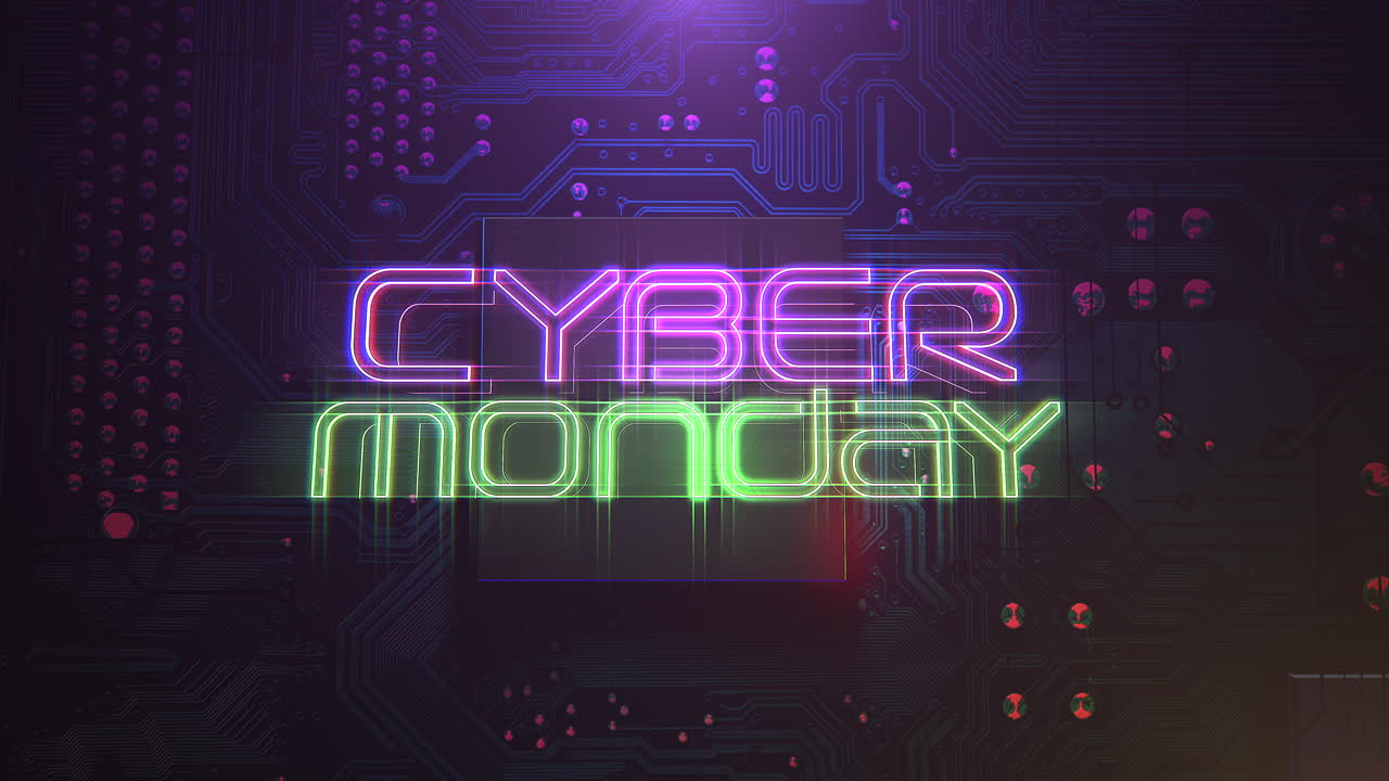 Cyber Monday text on motherboard with neon light