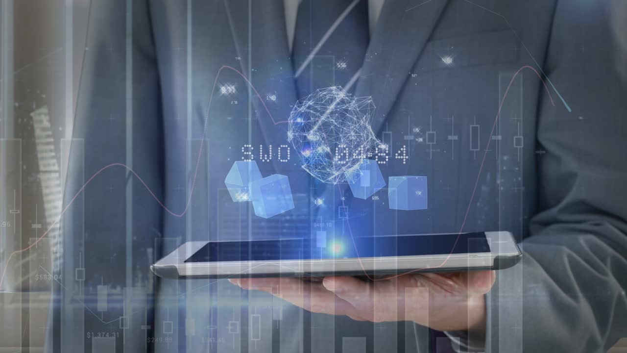 태블릿을 사용하는 사업가에 대한 통계 및 금융 데이터 처리 애니메이션