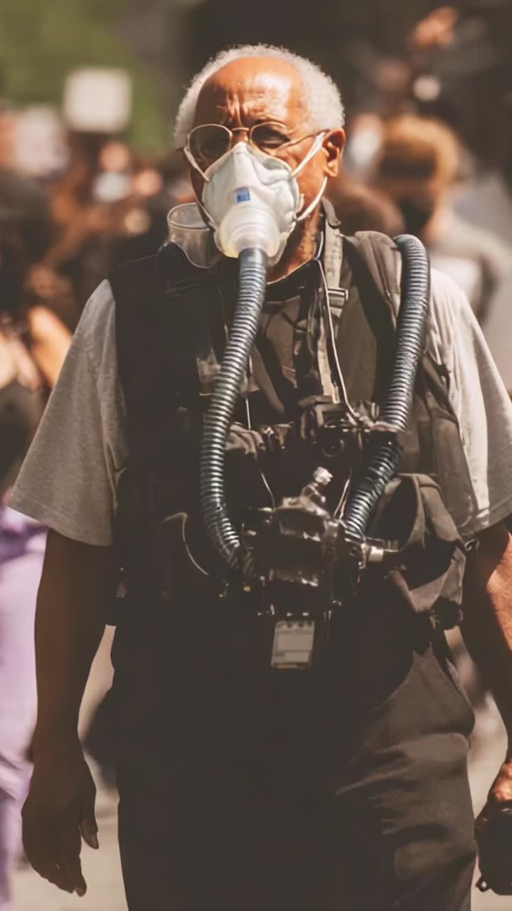 Un individuo dotato di respiratore e fotocamera cammina attraverso una folla, mostrando abbigliamento e attrezzatura unici in un ambiente urbano vivace e animato