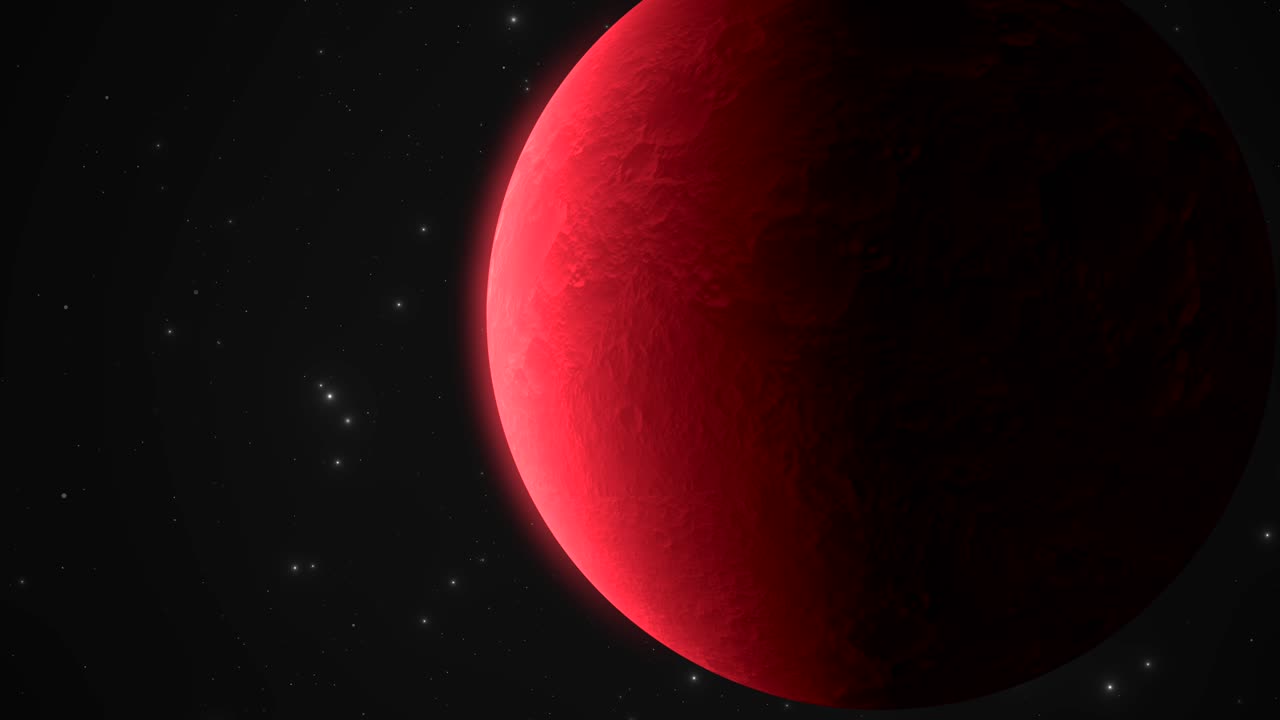 cgi увеличение крупным планом красной инопланетной планеты, плывущей в глубоком космосе, широкий вид вселенной