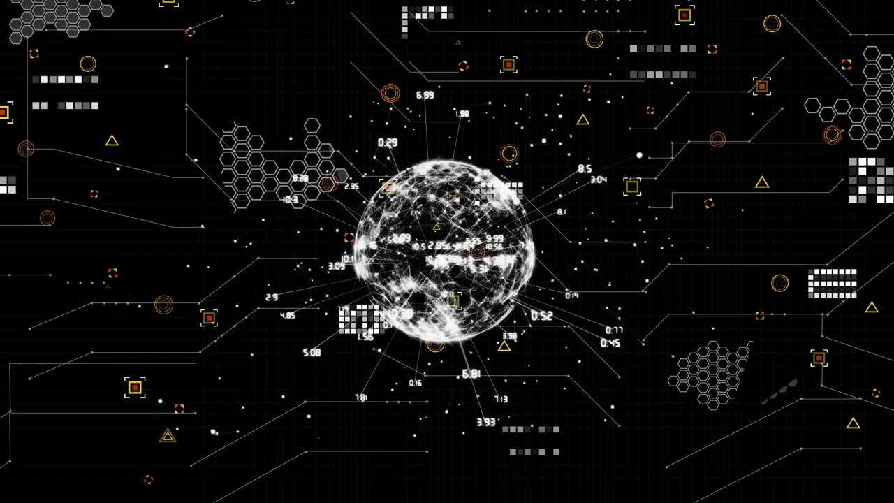 Animation of online security padlock, data processing and markers over globe