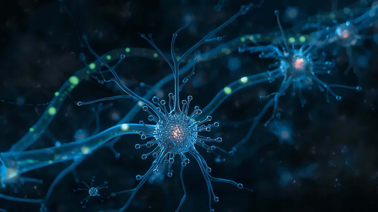 Arriving pulse moving along axon lighting green nodes and lighting neuron for signaling in network