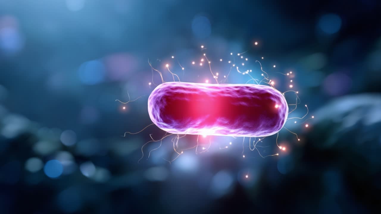 An Immersive Visualization of Bacteria with Glowing Tendrils, Highlighting Its Unique Structure and Bioactivity in a Digital Environment
