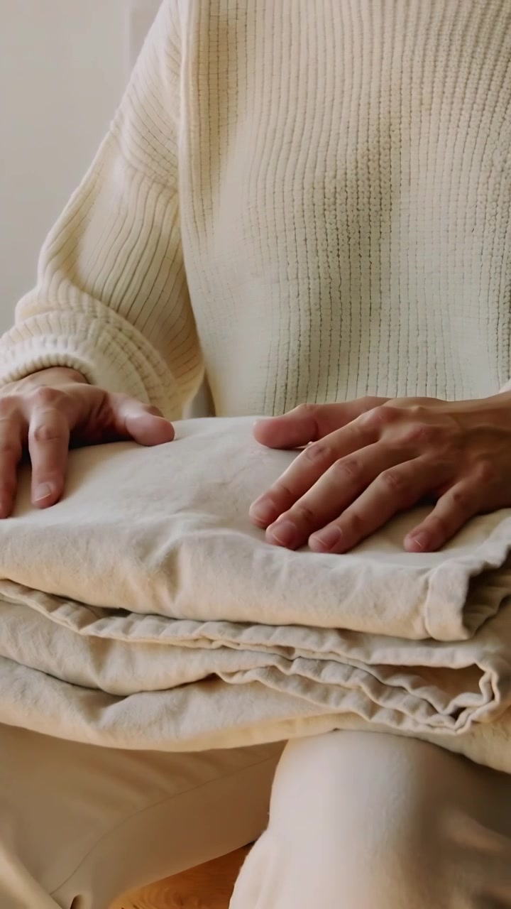 Video verticale: Donna in maglia e pantaloni color crema che sistema un piumino piegato, lisciando la biancheria per riordinare a casa.