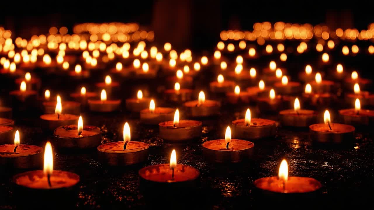 Una serena composizione di candele illuminate che proiettano una luce soffusa in uno spazio buio, creando un'atmosfera di pace e contemplazione