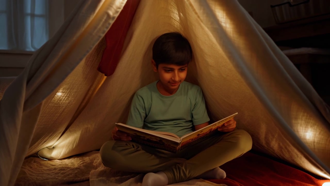 Child looks down at colorful pages while seated inside a fabric tent, with gentle head movement, warm glowing lights, soft bedding, draped fabric, and cool window light in the background.