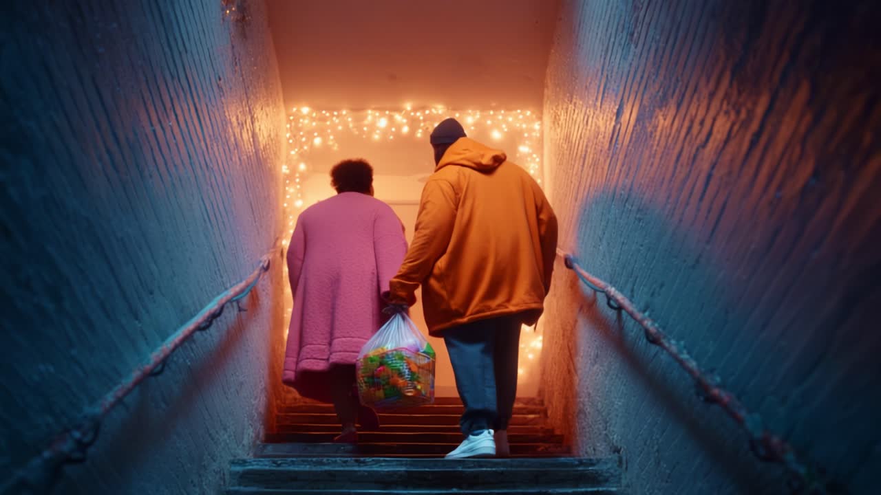A Heartwarming Journey: A Couple Ascending a Dimly Lit Staircase Together, Their Presence Illuminated by Warm Lights as They Carry a Colorful Bag Filled with Joyful Surprises