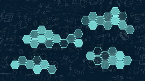 Animation-Von-Blauen-Sechsecken-über-Chemischen-Formeln-Und-Symbolen-Auf-Schwarzem-Hintergrund