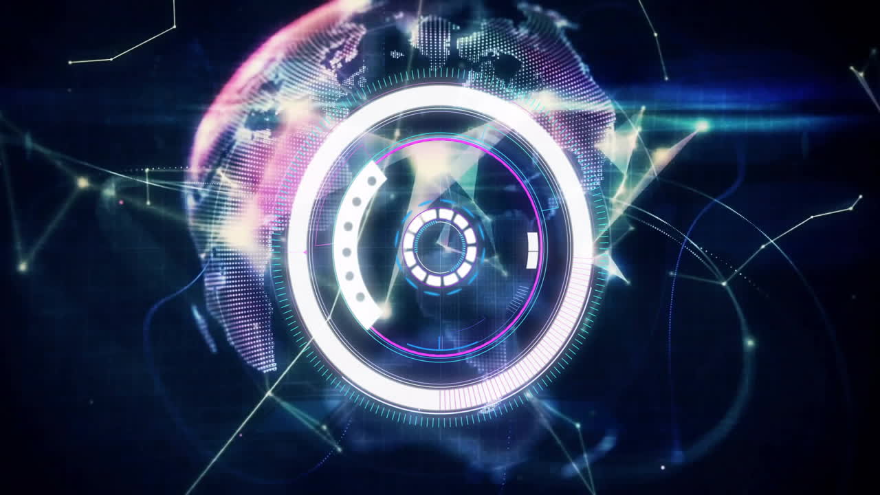 데이터 연결과 함께 회전하는 지구 위에 미래의 디지털 인터페이스 애니메이션