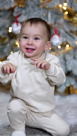 smiling happy caucasian child waving hands excitedly. adorable baby boy sits on the floor near the christmas tree. vertical video
