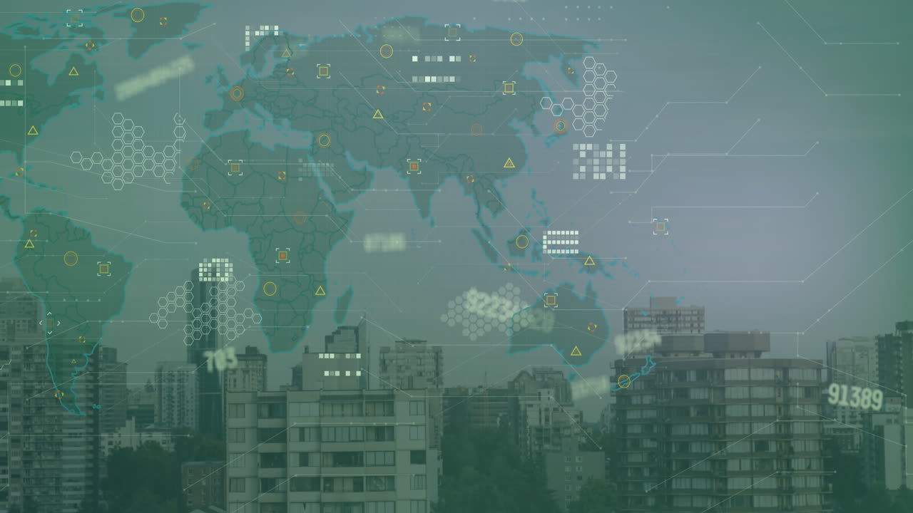 세계 지도와 도시 풍경에 대한 금융 데이터 처리 애니메이션