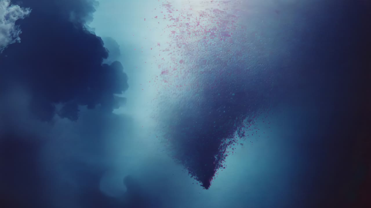 Loosening funnel plume shedding red specks upward as upper right light brightening sky, dark cloud