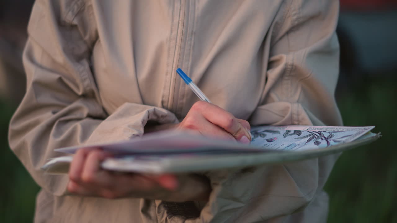 close up of woman writing notes on journal with blue pen outdoors wearing beige jacket focus on hand gesture and paper detail with soft blurred greenery background