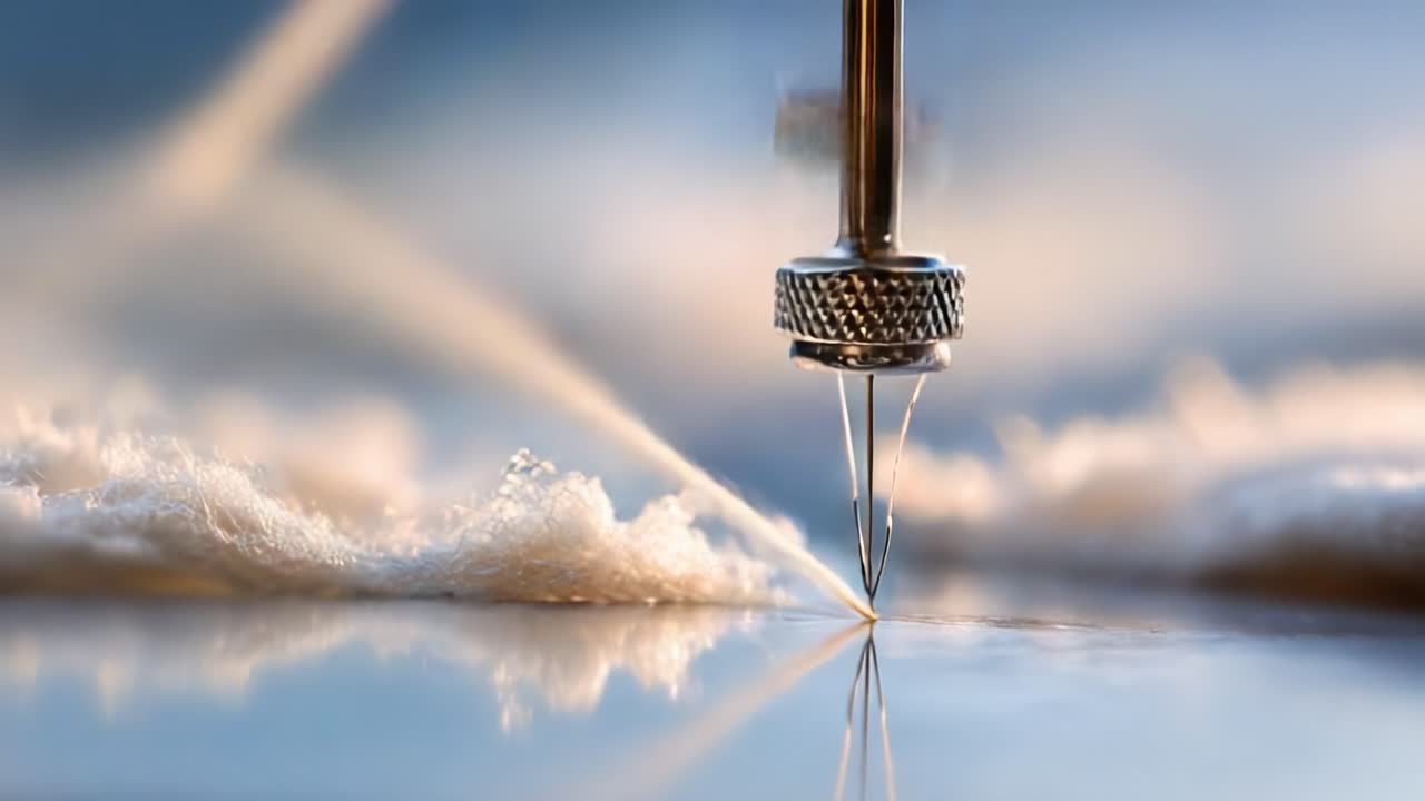 A Close-Up Exploration of a Precision Tool in Action, Capturing the Intricate Details of a Needle and Fabric with Soft Lighting and Fluid Motion