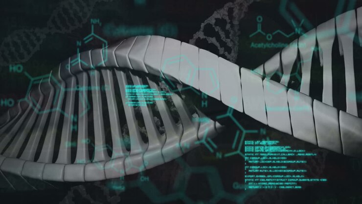 Animation of chemical structures and data processing over dna structure against black background