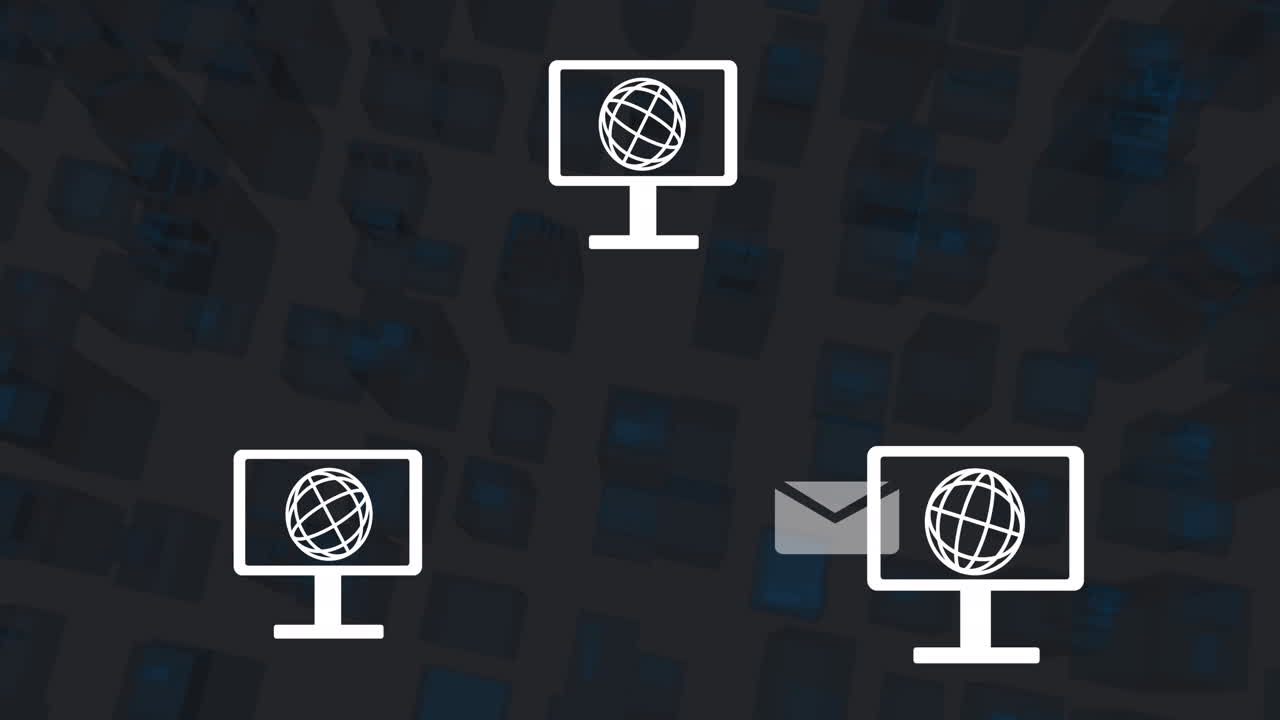 animación de iconos de redes informáticas sobre formas 3d en un patrón sin costuras contra un fondo gris