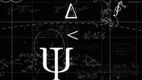 animation of mathematical equations and symbols floating over grid network against black background