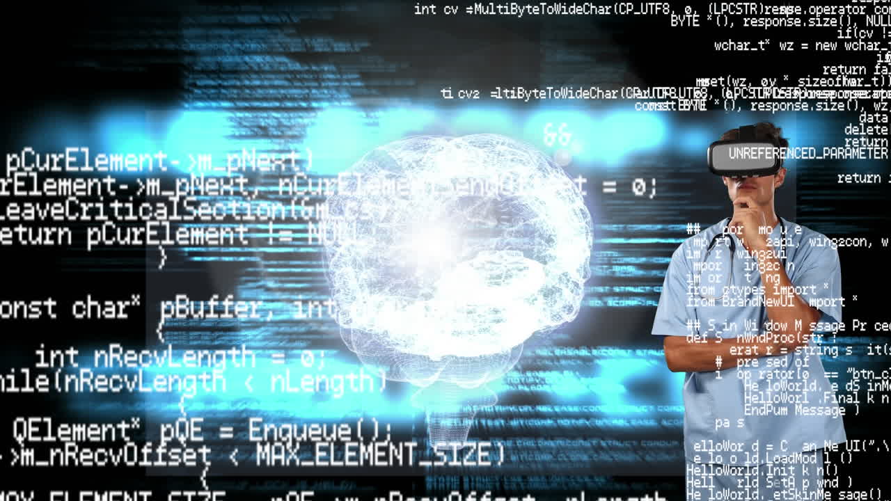 vr 헤드 ⁇ 과 인간 뇌를 착용한 여성 의사에 대한 데이터 처리 애니메이션